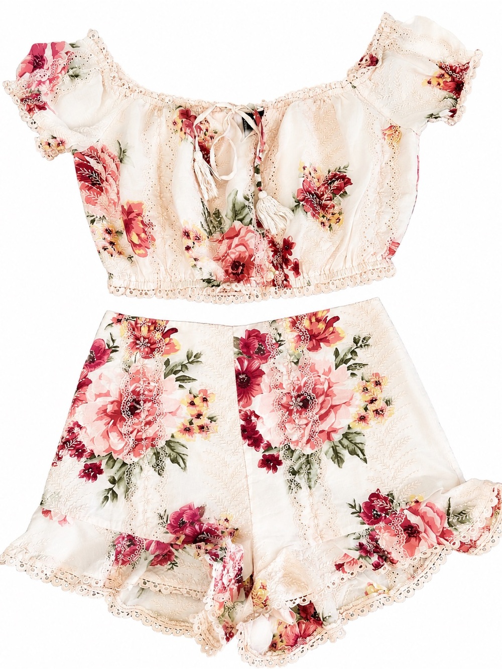 Forever 21 Cream Floral Lace Crop Top & Shorts Set